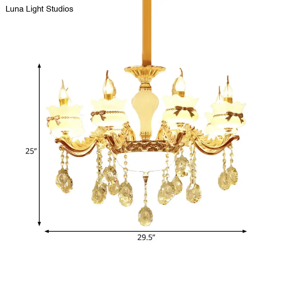 Modern Gold Glass Scalloped Chandelier With Crystal Drop – 6/8-Head Pendant For Restaurants