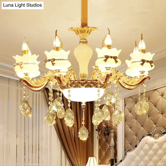 Modern Gold Glass Scalloped Chandelier With Crystal Drop – 6/8-Head Pendant For Restaurants