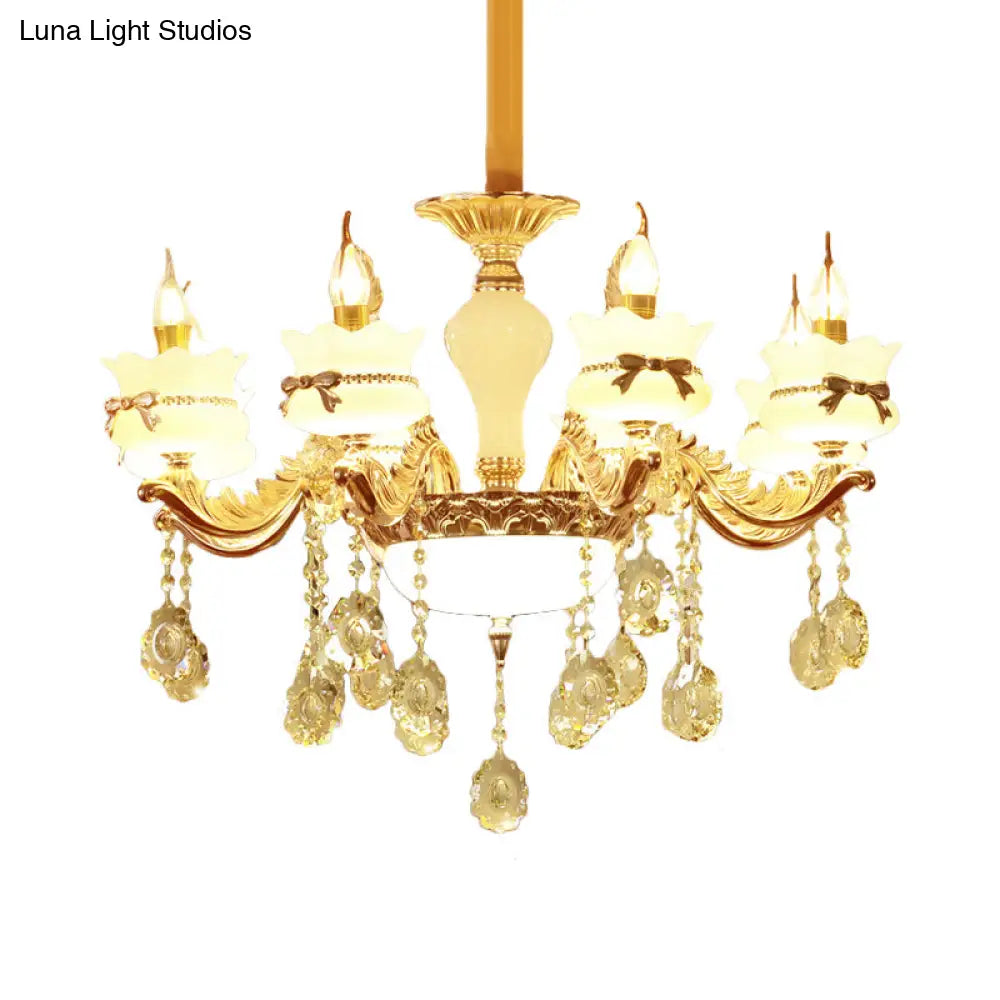 Modern Gold Glass Scalloped Chandelier With Crystal Drop – 6/8-Head Pendant For Restaurants