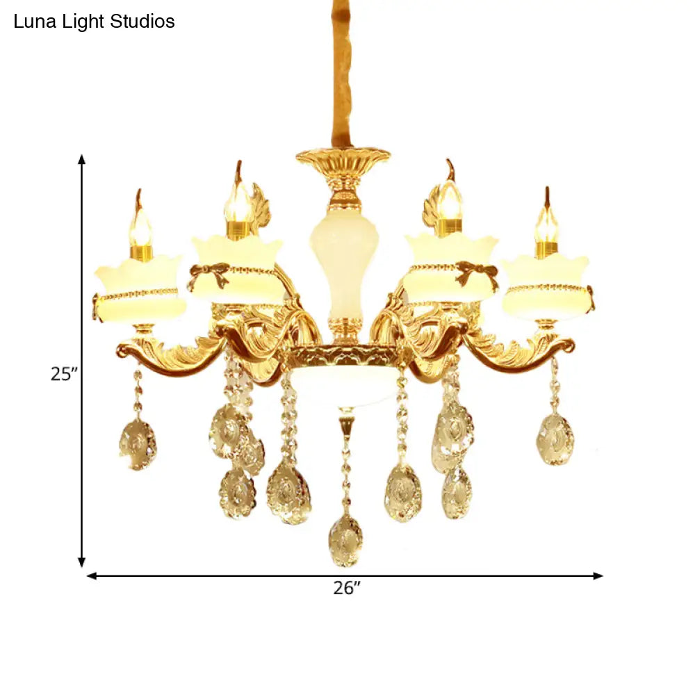 Modern Gold Glass Scalloped Chandelier With Crystal Drop – 6/8-Head Pendant For Restaurants