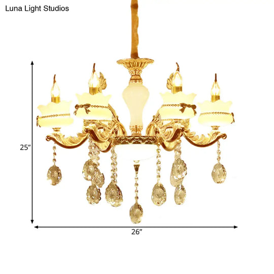 Modern Gold Glass Scalloped Chandelier With Crystal Drop – 6/8-Head Pendant For Restaurants