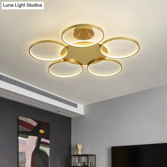 Modern Gold Halo Ring Chandelier - Flush Mount 3/5/6-Light Metal Ceiling Lamp In Warm/White Light