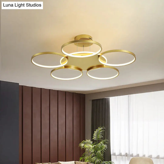 Modern Gold Halo Ring Chandelier - Flush Mount 3/5/6-Light Metal Ceiling Lamp In Warm/White Light