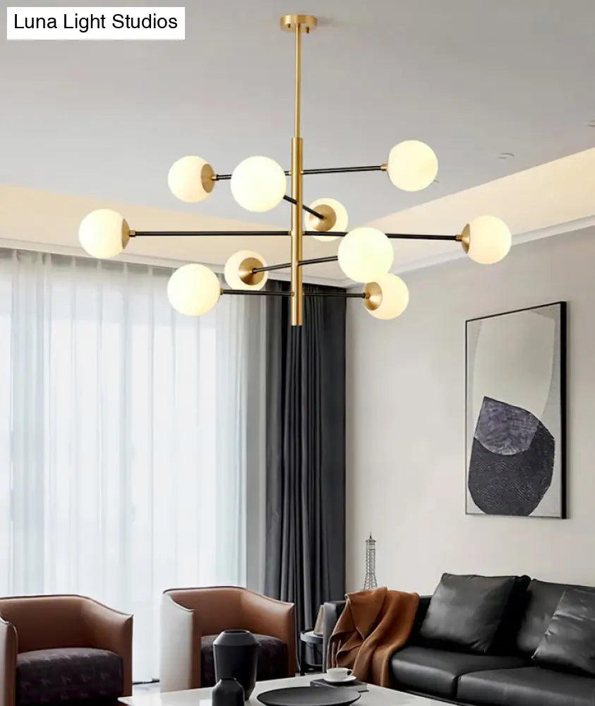 Modern Gold Hanging Chandelier With Satin Opal Glass Ceiling Light For Living Room