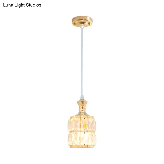 Gold Pendant Light With Crystal Block Cylinder - Modern Dining Room Lamp Kit