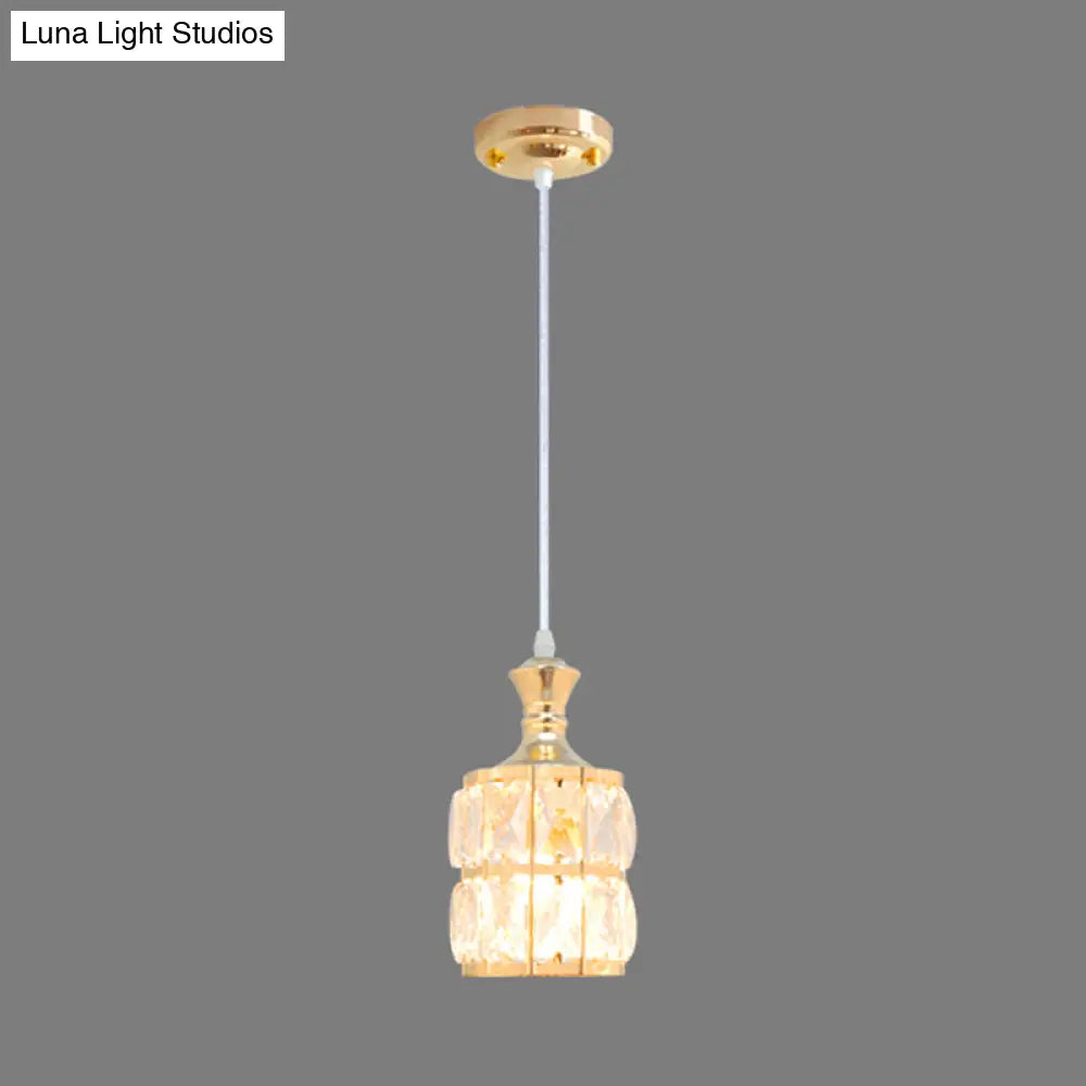 Modern Gold Hanging Crystal Block Lamp - 1 Head Pendant Light For Dining Room