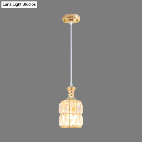 Gold Pendant Light With Crystal Block Cylinder - Modern Dining Room Lamp Kit