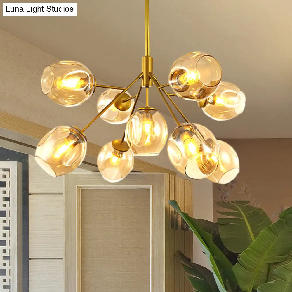 Modern Gold Hanging Lamp With Amber Glass Shade - 7/9/13 Lights Branch Chandelier