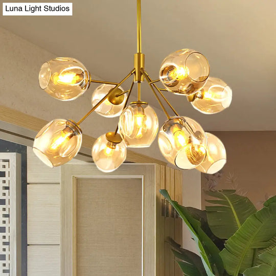 Modern Gold Hanging Lamp With Amber Glass Shade - 7/9/13 Lights Branch Chandelier