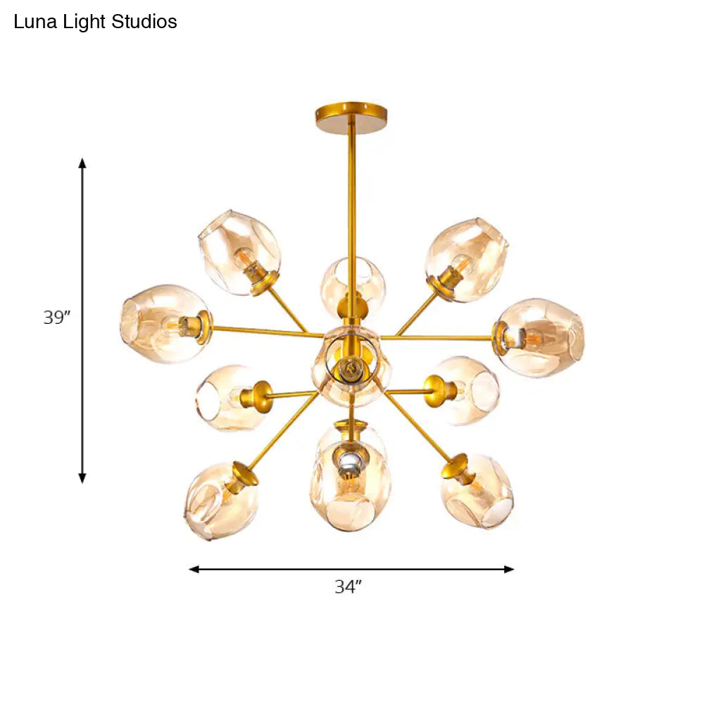 Modern Gold Hanging Lamp With Amber Glass Shade - 7/9/13 Lights Branch Chandelier