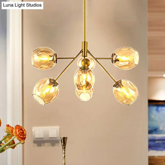 Modern Gold Hanging Lamp With Amber Glass Shade - 7/9/13 Lights Branch Chandelier