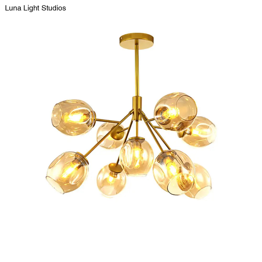 Modern Gold Hanging Lamp With Amber Glass Shade - 7/9/13 Lights Branch Chandelier