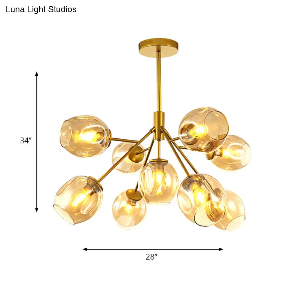 Modern Gold Hanging Lamp With Amber Glass Shade - 7/9/13 Lights Branch Chandelier