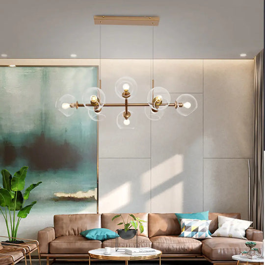 Modern Gold Hanging Light Kit With Clear Glass Orb Shade - 8 Bulbs Ideal For Dining Room Or Island