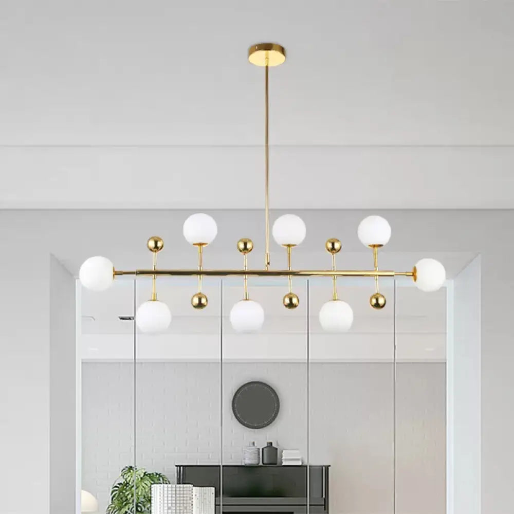 Modern Gold Hotel Linear Chandelier - Opal Glass 8 Lights Ceiling Pendant