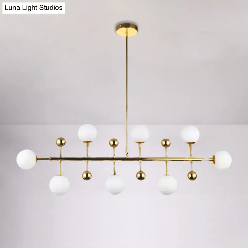 Modern Gold Hotel Linear Chandelier - Opal Glass 8 Lights Ceiling Pendant