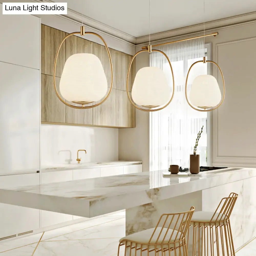 Modern Gold Iron Ring Pendant Lamp With White Glass - Oval Dining Room Fixture