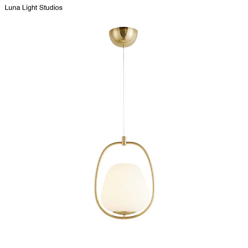 Modern Gold Pendant Lamp With White Glass In Oval Shape - 1 Light Dining Room Fixture