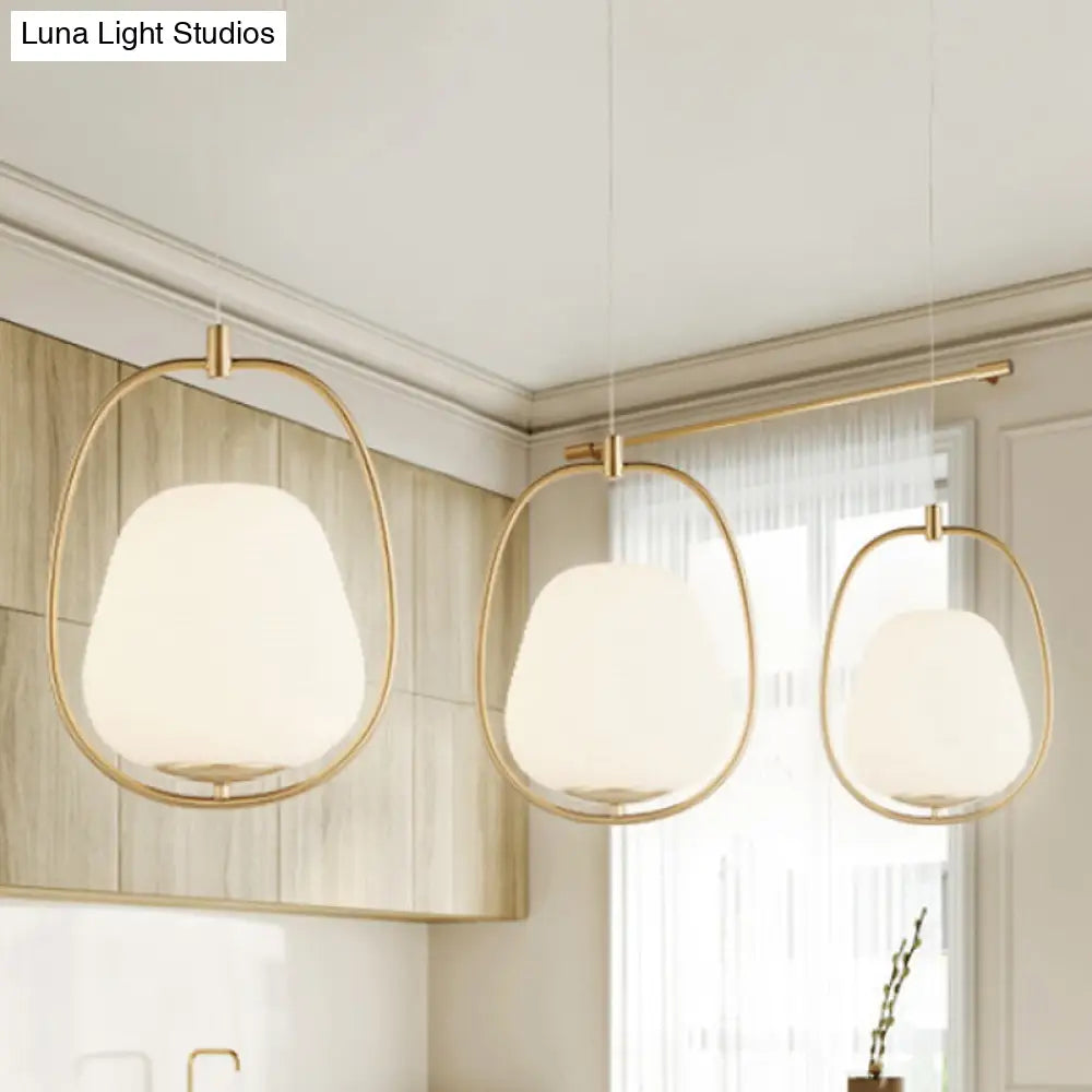 Modern Gold Iron Ring Pendant Lamp With White Glass - Oval Dining Room Fixture