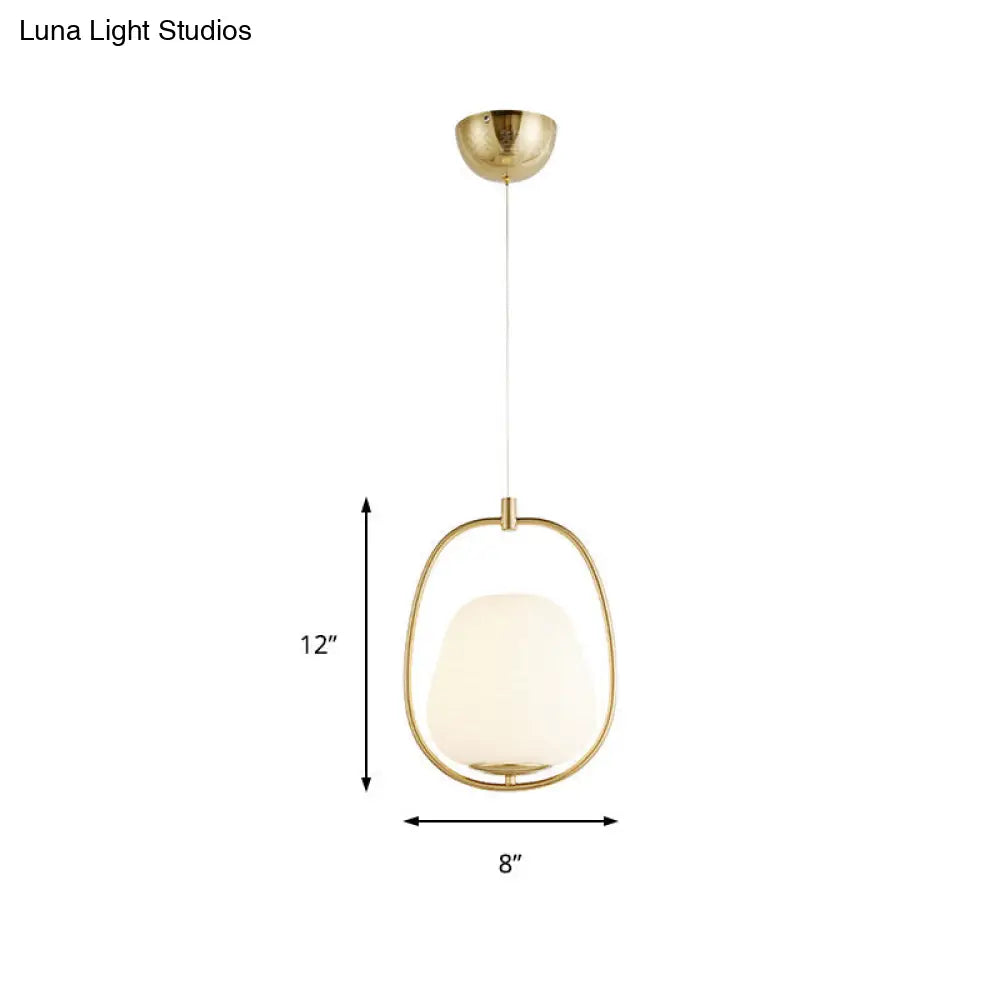 Modern Gold Pendant Lamp With White Glass In Oval Shape - 1 Light Dining Room Fixture