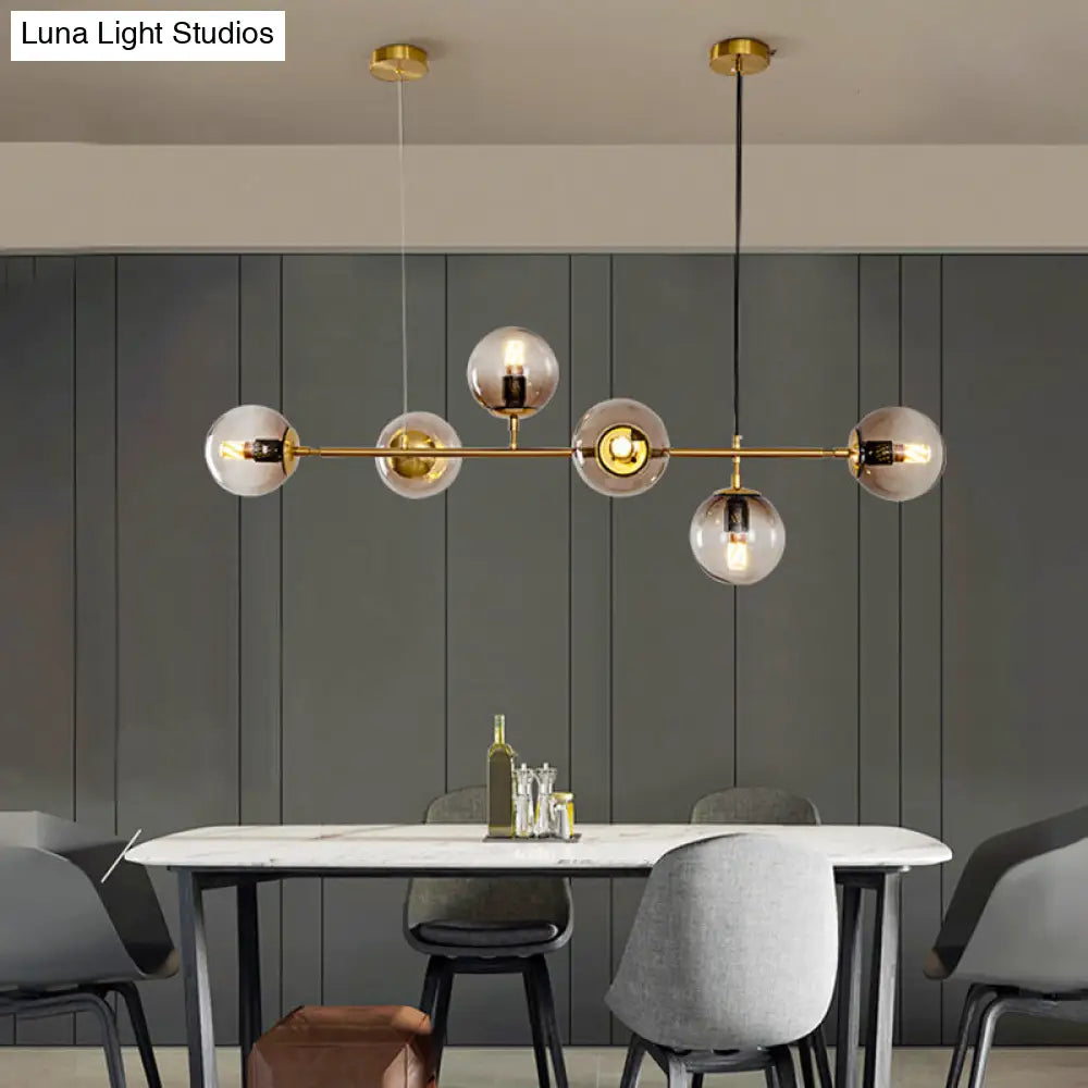 Modern Gold Island Pendant Light With 6 Lights - Spherical Glass Ceiling Fixture For Dining Table