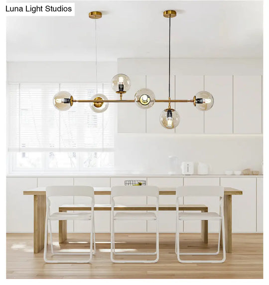 Modern Gold Island Pendant Light With 6 Lights - Spherical Glass Ceiling Fixture For Dining Table