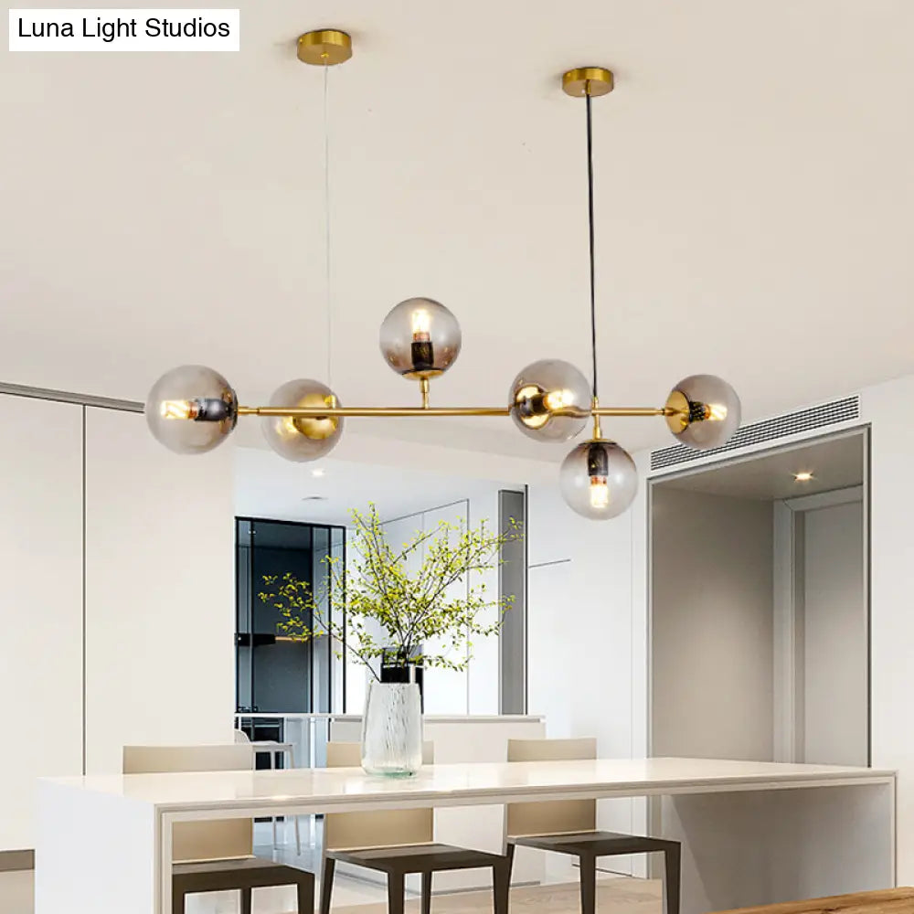 Modern Gold Island Pendant Light With 6 Lights - Spherical Glass Ceiling Fixture For Dining Table