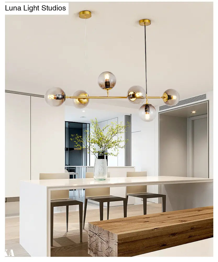 Modern Gold Island Pendant Light With 6 Lights - Spherical Glass Ceiling Fixture For Dining Table