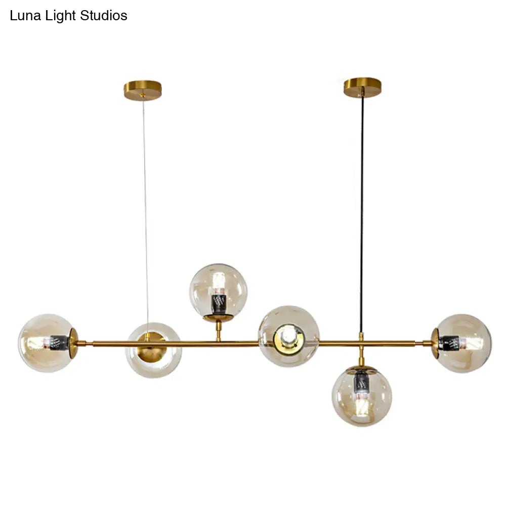 Modern Gold Island Pendant Light With 6 Lights - Spherical Glass Ceiling Fixture For Dining Table