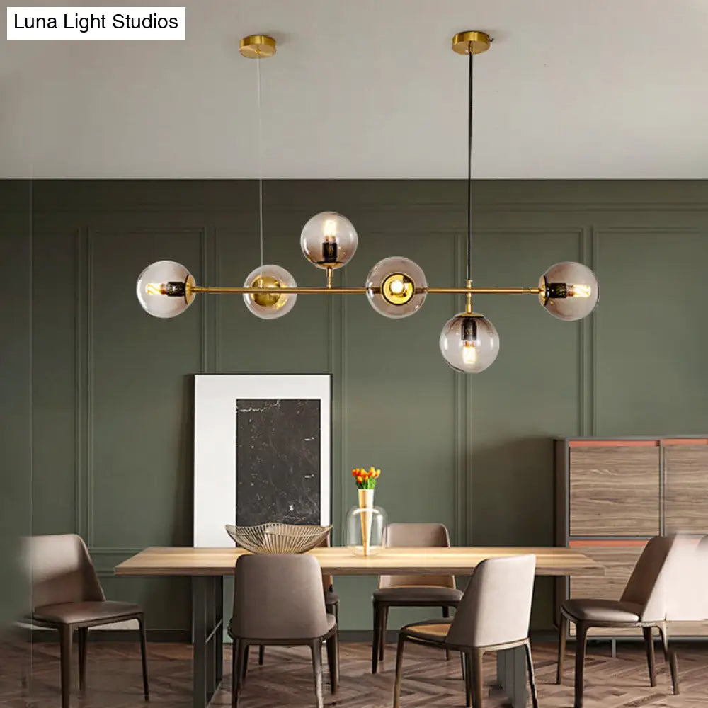 Modern Gold Island Pendant Light With 6 Lights - Spherical Glass Ceiling Fixture For Dining Table