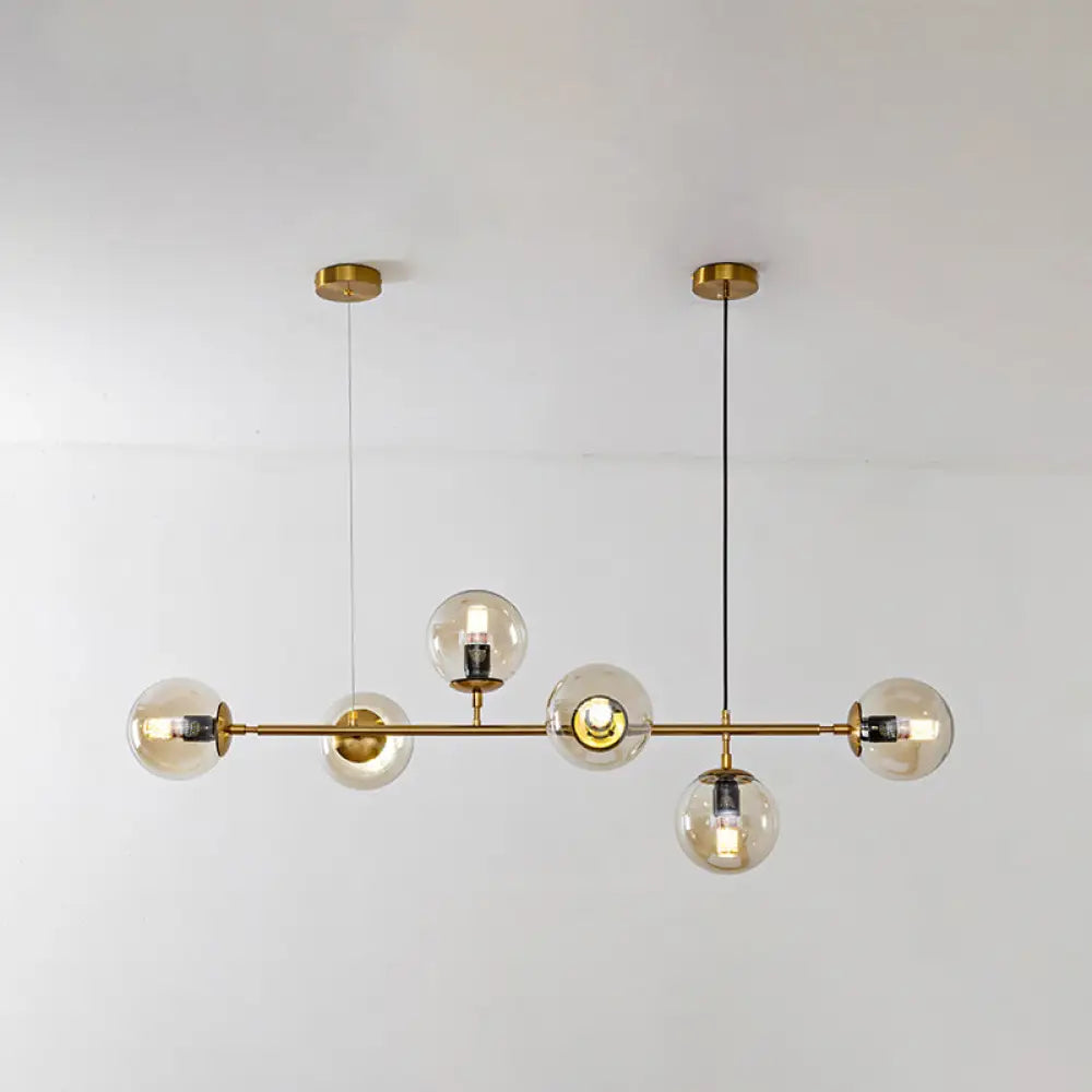 Modern Gold Island Pendant Light With 6 Lights - Spherical Glass Ceiling Fixture For Dining Table