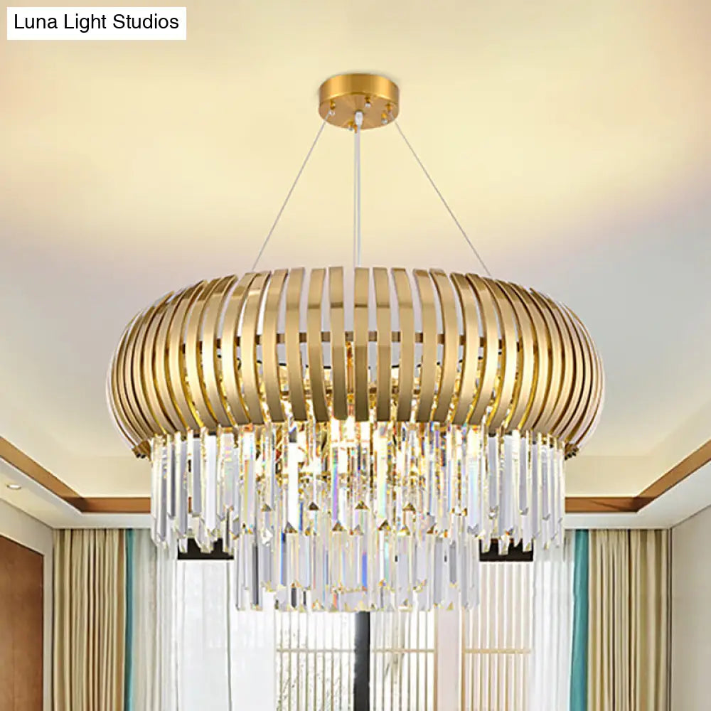 Modern Gold Lantern Chandelier Light With Crystal And Metal Shade - 5-Light Hanging Ceiling Fixture