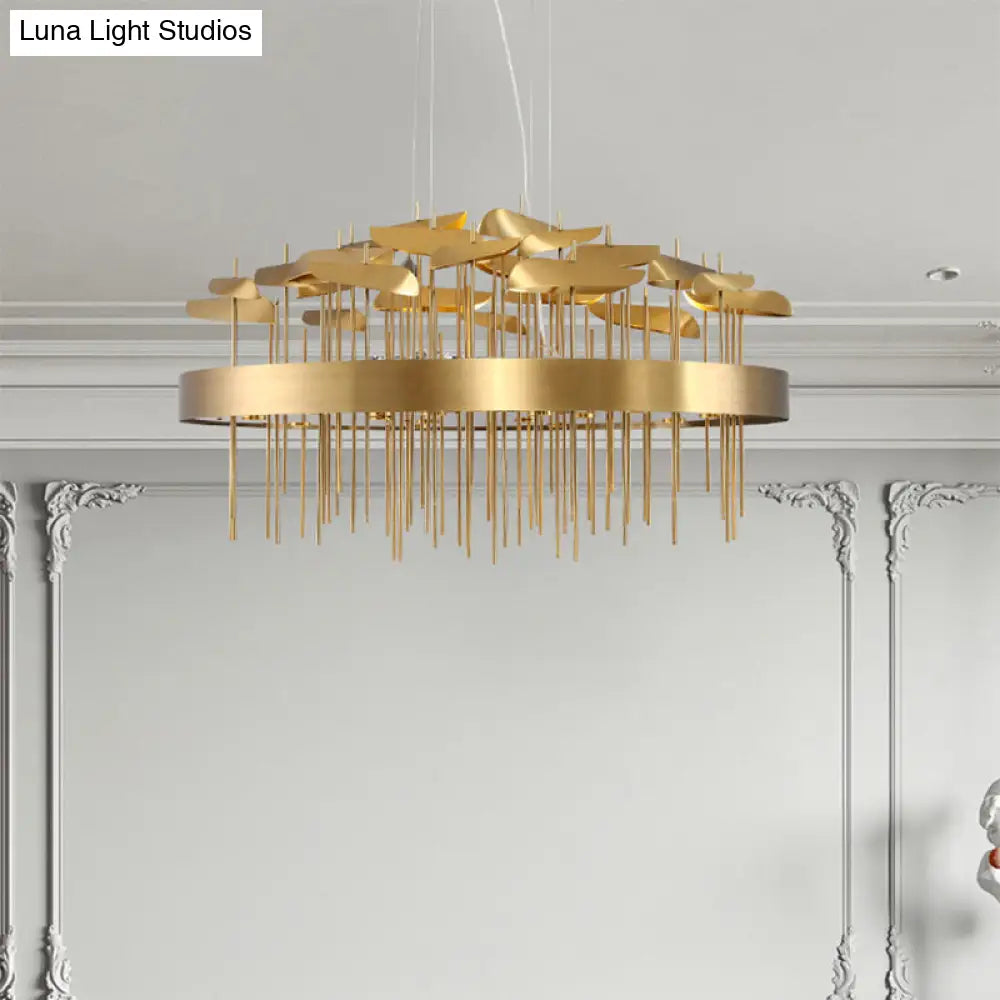 Modern Gold Leaf Suspension Light For Dining Room With Stainless Steel Chandelier