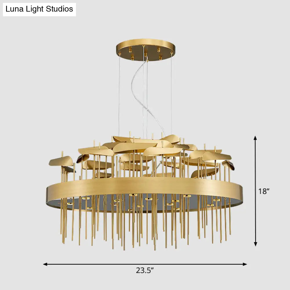 Modern Gold Leaf Suspension Light For Dining Room With Stainless Steel Chandelier / Round Canopy