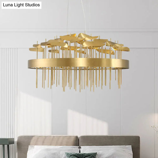 Modern Gold Leaf Suspension Light For Dining Room With Stainless Steel Chandelier