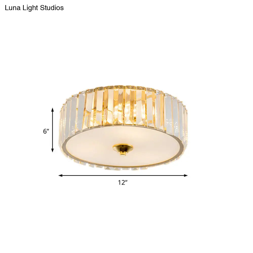 Modern Gold Led Bedroom Flush Mount Ceiling Light With Drum Crystal Shade 12/19 Dia