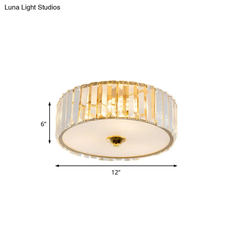 Modern Gold Led Bedroom Flush Mount Ceiling Light With Drum Crystal Shade 12’/19’ Dia