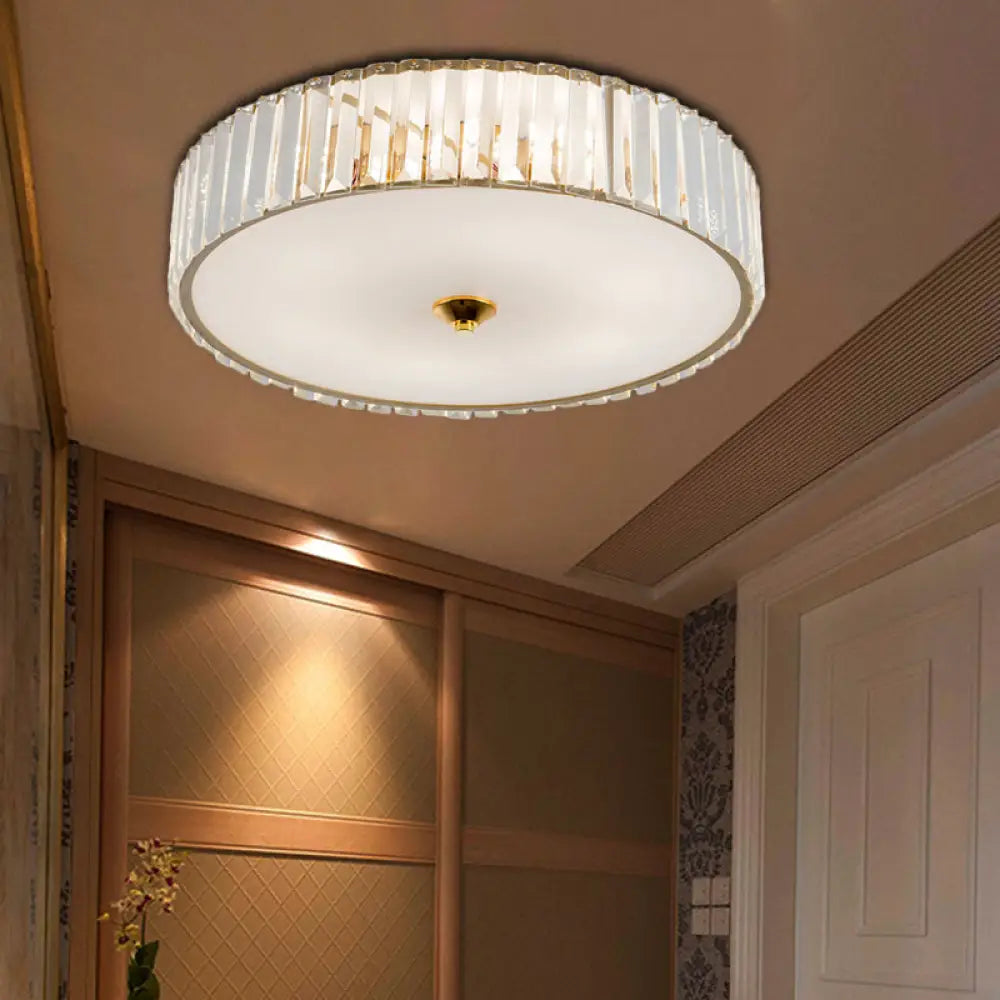 Modern Gold Led Bedroom Flush Mount Ceiling Light With Drum Crystal Shade 12’/19’ Dia / 12’