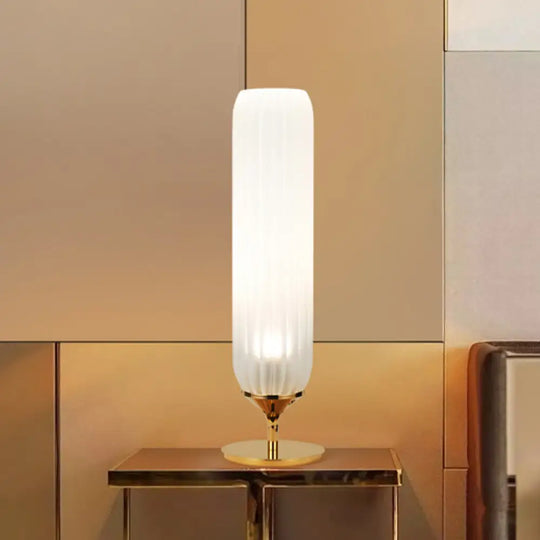 Modern Gold Led Bedside Glass Desk Lamp: White Ribbed Cylinder Night Table Light