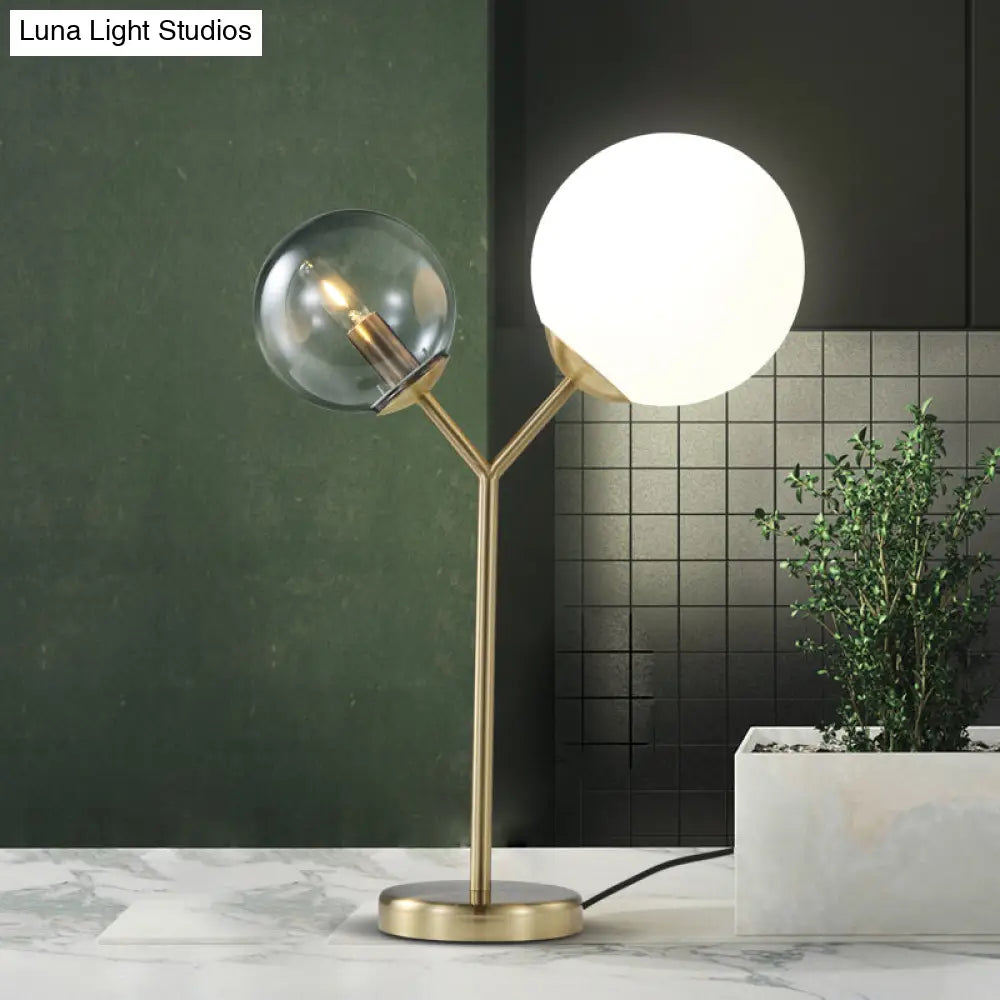 Modern Gold Led Branch Desk Lamp With Globe Grey And Cream Glass Bedroom Table Lighting