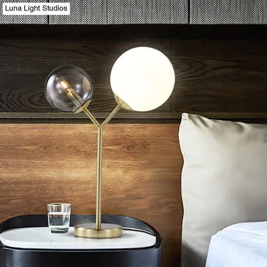 Modern Gold Led Branch Desk Lamp With Globe Grey And Cream Glass Bedroom Table Lighting