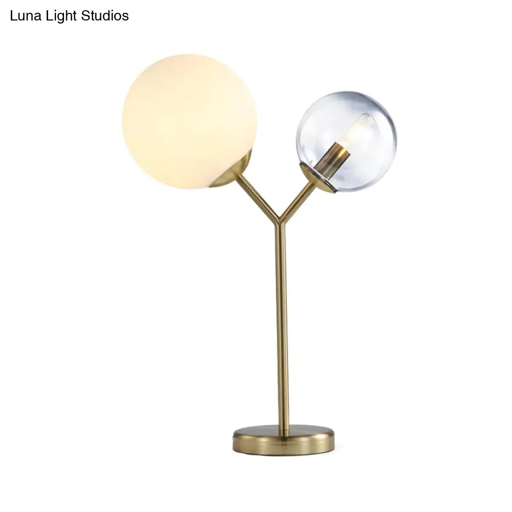 Modern Gold Led Branch Desk Lamp With Globe Grey And Cream Glass Bedroom Table Lighting