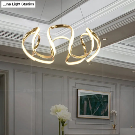 Modern Gold Led Chandelier Pendant Light For Bedrooms - Minimalistic & Curved Hanging Lamp