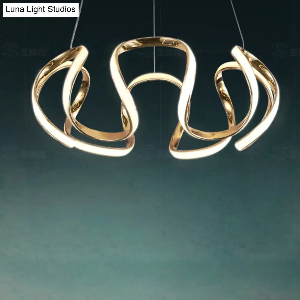 Gold Metal Bedroom Pendant Light - Minimalistic Curved Chandelier With Led Hanging Lamp