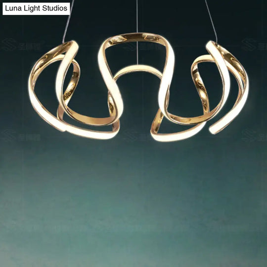 Gold Metal Bedroom Pendant Light - Minimalistic Curved Chandelier With Led Hanging Lamp