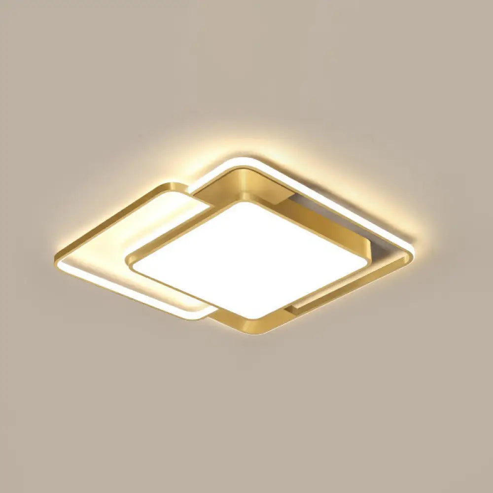 Modern Gold Led Flushmount Ceiling Light For Bedroom - Simple Square Design / 16.5’ White