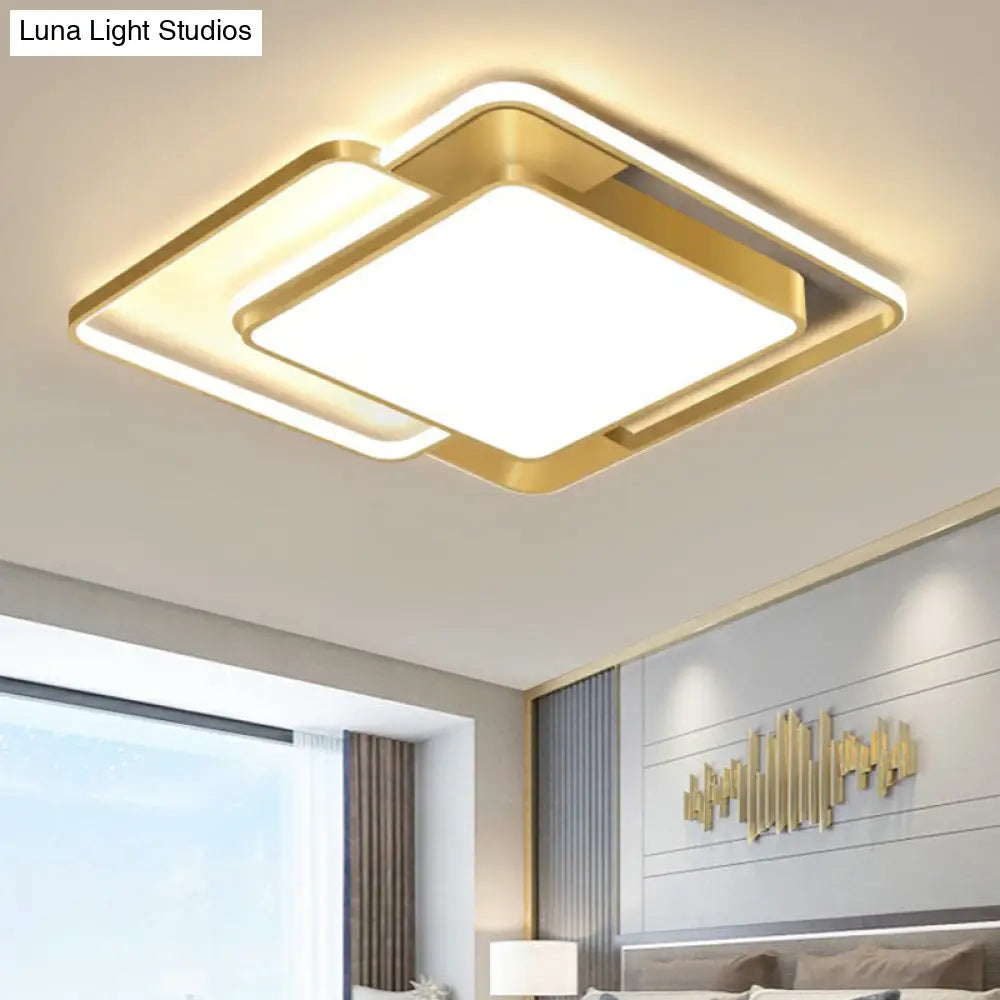 Modern Gold Led Flushmount Ceiling Light For Bedroom - Simple Square Design