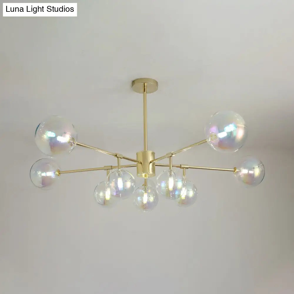 Modern Gold Led Pendant Chandelier With Rainbow Glass Shade - 10 Heads Living Room Lighting