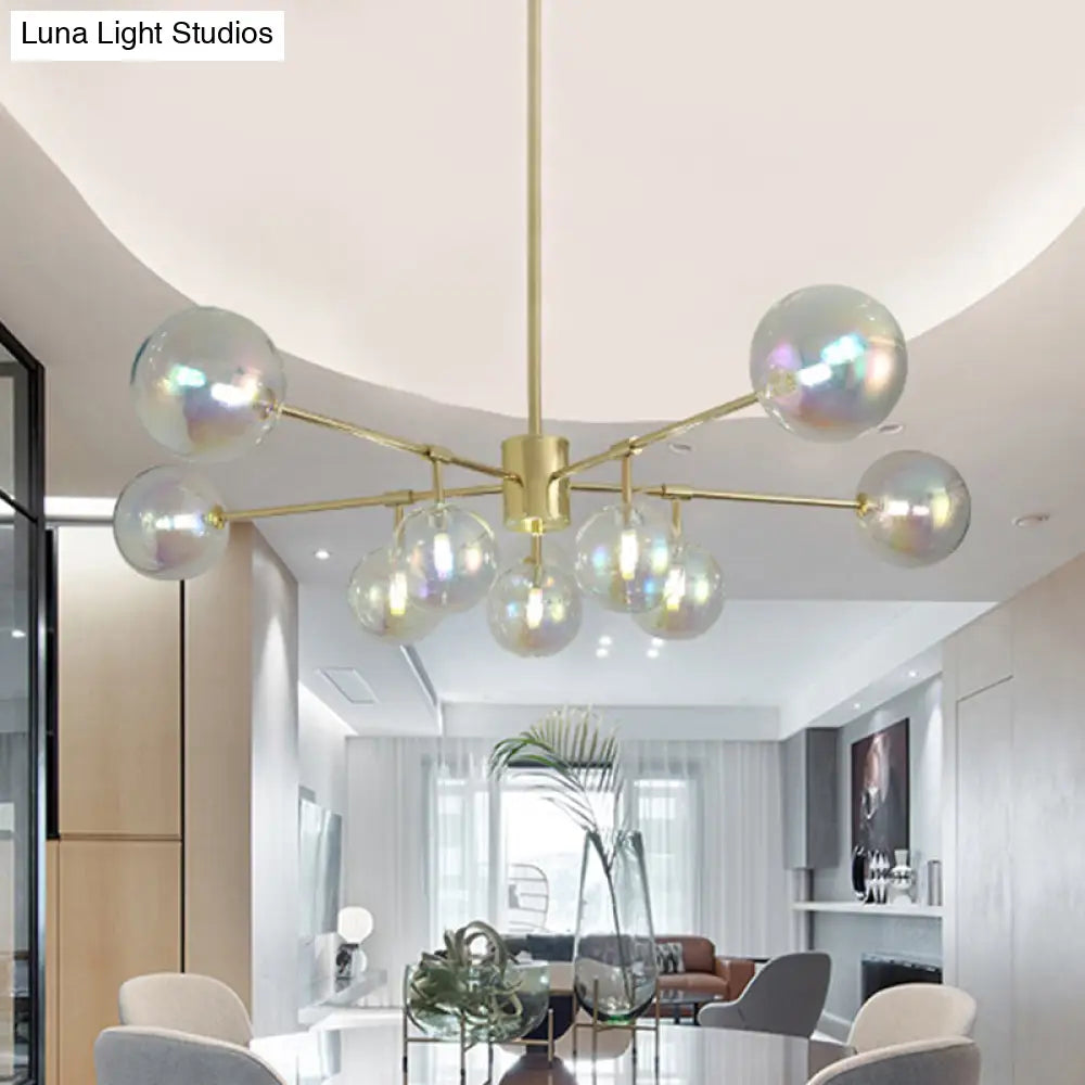 Modern Gold Led Pendant Chandelier With Rainbow Glass Shade - 10 Heads Living Room Lighting