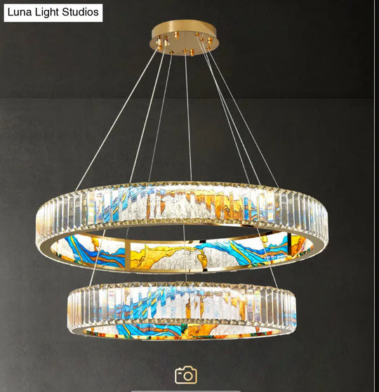 Modern Gold Led Pendant Lamp - K9 Crystal Ring Shaped Chandelier With Abstract Print